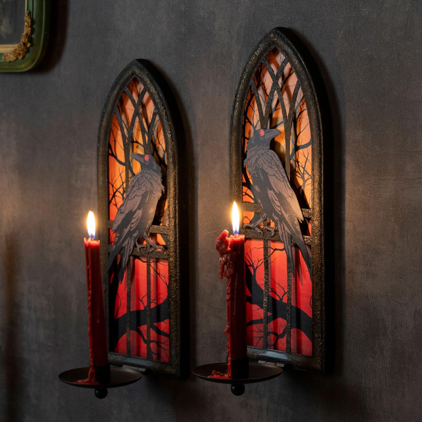 AimtoHome Gothic Wall Candle Sconces Set of 2, Wrought Iron Crow Wall Mounted Candelabra Holder with Removable Trays for Taper & Pillar Candles, Medieval Cathedral Window Design, Dark Academia Decor