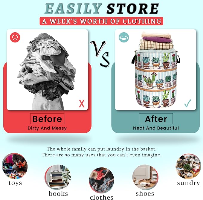 Cute Cactus Laundry Basket Tropical Cactus Flower Hamper Foldable Oxford Cloth Green Plants Colorful Tote Bag Clothes Toy Storage Bucket For Bathroom/Laundry Storage/Bedroom 18.9 x 16.5 Inch