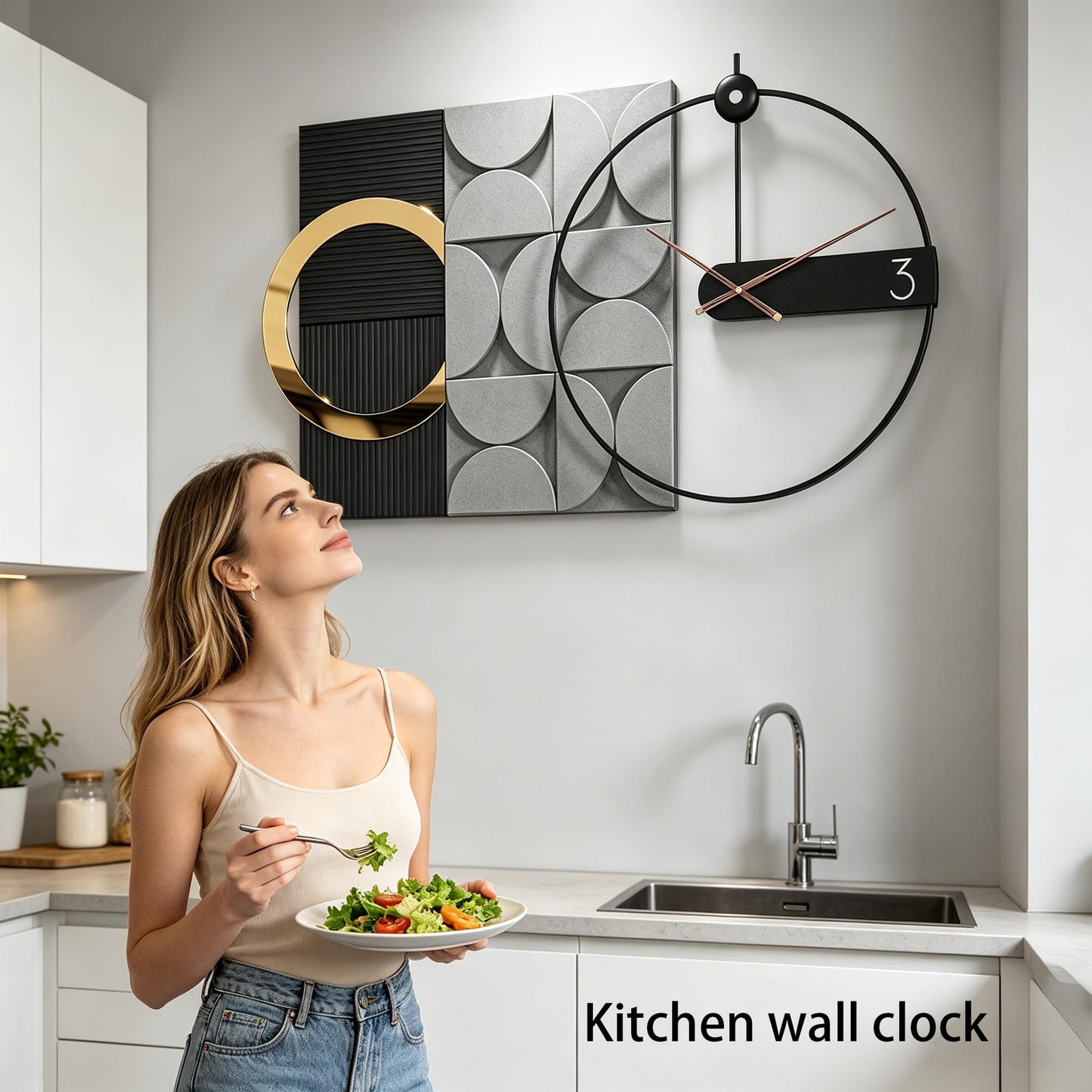 Mid Century Modern Wall Clock 3D Luxury Large Geometric Silent Non Ticking for Living Room Oversized Boho Farmhouse Mechanism, Big Unique Metal Fancy Clock Wall Decor for Bedroom Kitchen, Black 30×18"