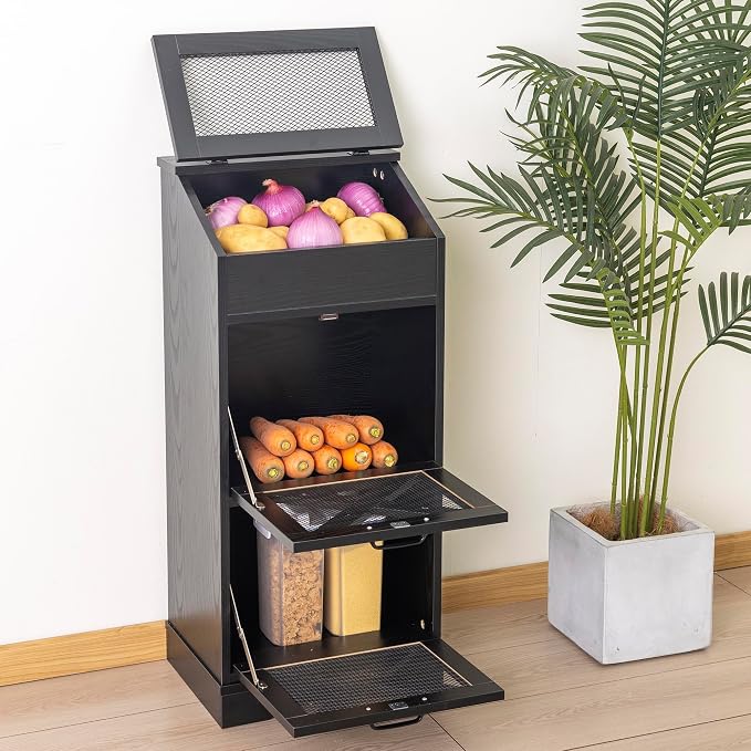 Potato Storage Bin Wooden Bread Box, Mid Century Modern Vegetable Storage Box with Lid, Farmhouse Potato and Onion Storage Cabinet for Kitchen,Black