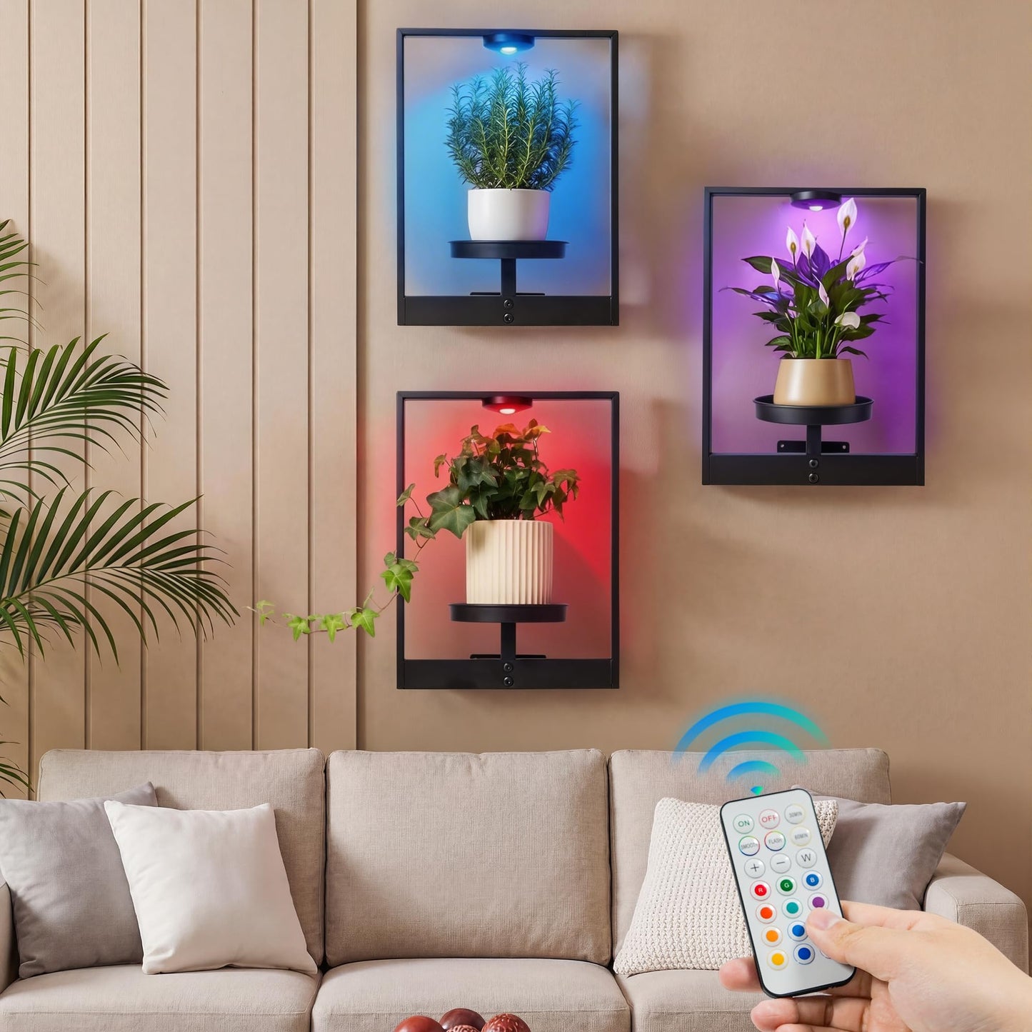 FancyPlus 3 Pack Plant Stand with Lights Hanging Planters for Indoor Plants,Picture Frame Wall Plant Holder Metal Modern Style Floating Plant Rack for Living Room Window Balcony Garden Patio Bedroom Entryway