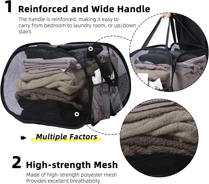 Collapsible Laundry Basket, 90L Foldable Pop-up Laundry Hamper with Handles, Mesh Dirty Clothes Hamper for Laundry, Bathroom, Kids Room, Dorm,Travel or Camping (Black)