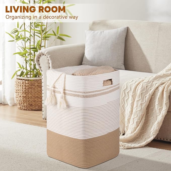 96L Extra Large Cotton Rope Laundry Basket for Bedroom & Laundry Room, Tall Clothes Hamper with Sturdy Handles, Neutral Storage Bin Capable of Holding Blankets and Toys