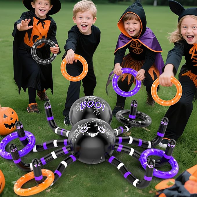 Halloween Ring Toss Games, 14PCS Inflatable Spider with Air Pump 12 Toss Rings for Halloween Party Games Super Fun Game Activities for Kids Adults Indoor Outdoor