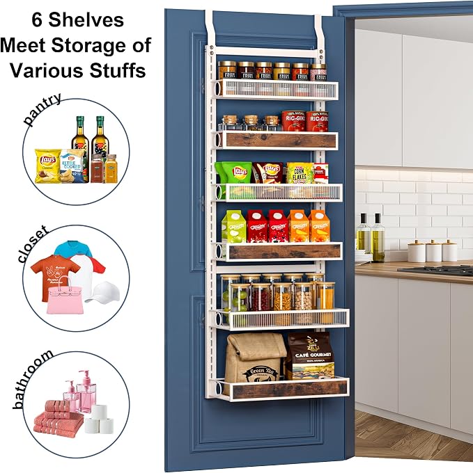 6 Tier Pantry Door Organizer Spice Rack, 2-IN-1 Wall Mount or Hanging Over Door Seasoning Organizer with Adjustable Baskets, Heavy Duty Behind Door Storage Shelves for Pantry, Cabinet and Kitchen