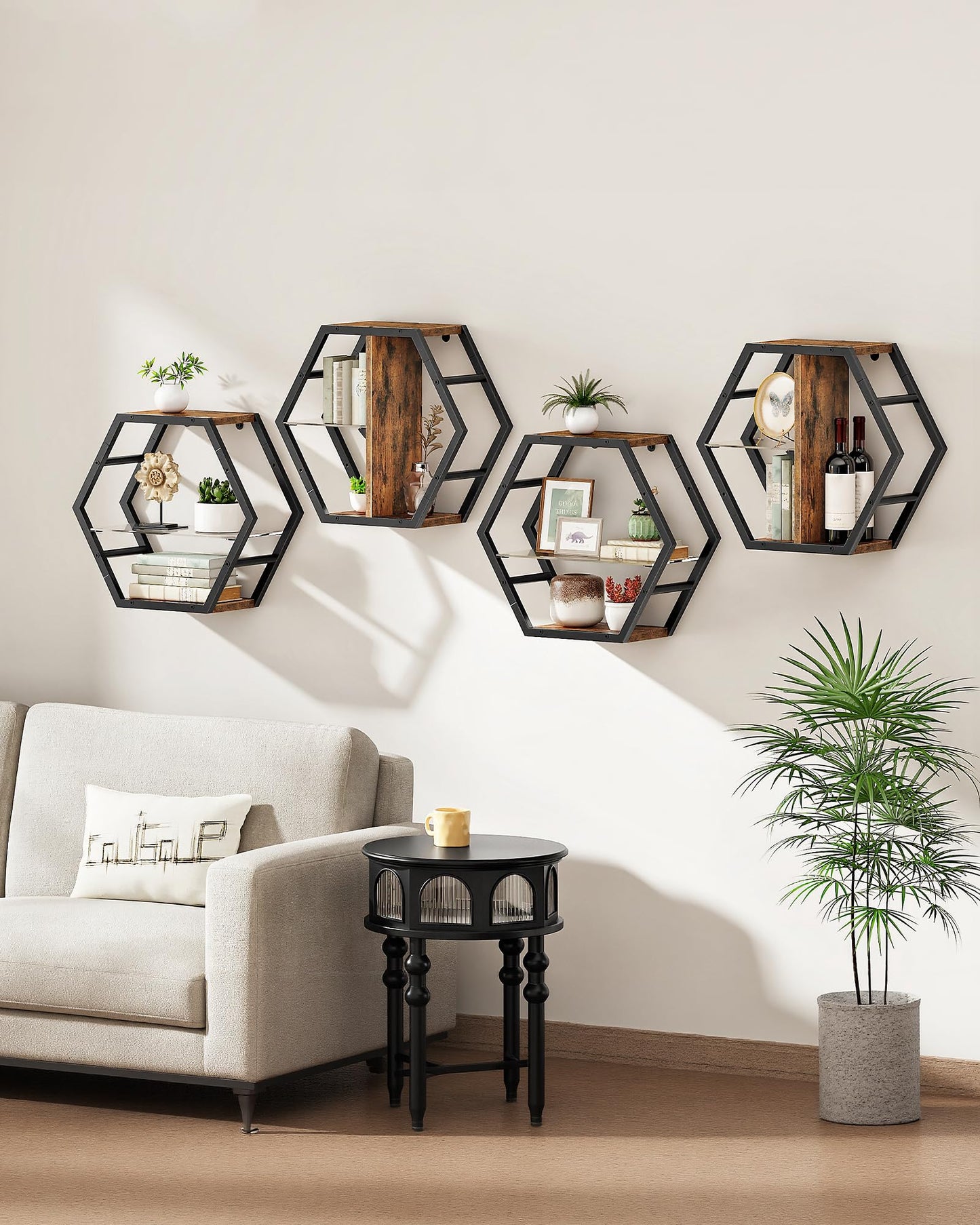 CHOEZON Hexagon Floating Shelves Set of 2, 18.9" Glass Hanging Shelves for Wall Decor, Wall Storage Rack and 12 S-Hooks, for Living Room, Bedroom, Office, Game Center, Rustic Brown TBJ08BF