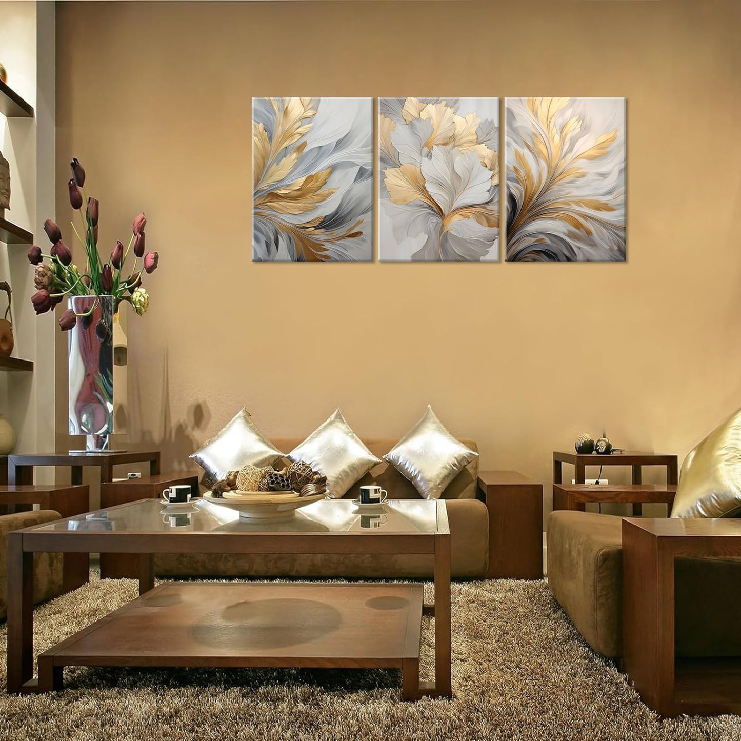 3Pcs Modern Abstract Golden White Leaves Canvas Wall Art Neutral Botanical Wall Decor Pictures Luxury Posters Prints for Living Room Bedroom Office Home Decorations, 12x16in