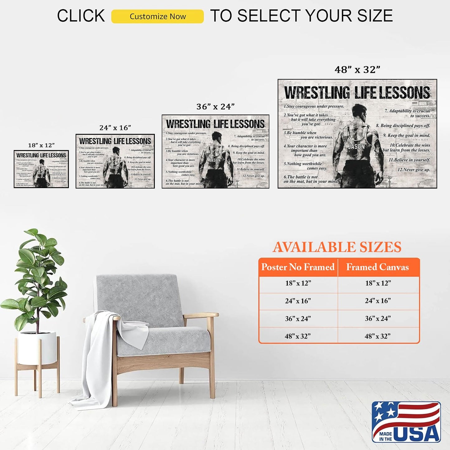 Wrestling Life Lessons, Personalized Motivational Wrestling Canvas Painting, Inspirational Quotes Wall Art Decor, Poster Gift For Wrestling Lovers
