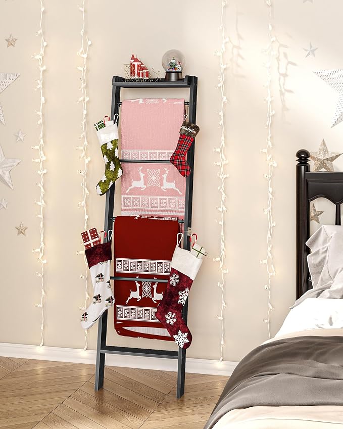 Hzuaneri Blanket Ladder Shelf, Decorative Quilt Rack, 6-Tier Farmhouse Ladder Holder Organizer with 4 Removable Hooks 7.9" D x 17.3" W x 63.4" H, Black BR35804B