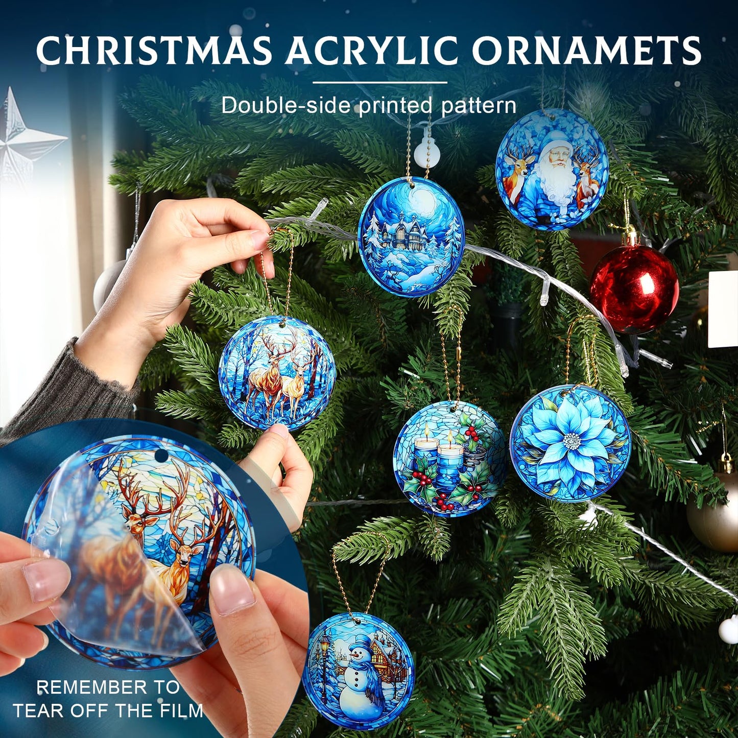 Vercraft 6 Pcs Winter Hanging Ornament Snowman Glass Style Christmas Tree Decoration Xmas Round Window Hanging Art Santa Claus Acrylic Ornament Deer Christmas Decorations