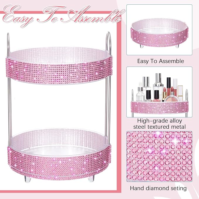 Honeydak 360 Rotating Perfume Organizer Gift for Women, Rhinestone Preppy Skincare Organizer Bathroom Counter Makeup Holder Skincare and Perfume Storage for Cosmetic(2 Tiers,Resin Diamond,Pink)