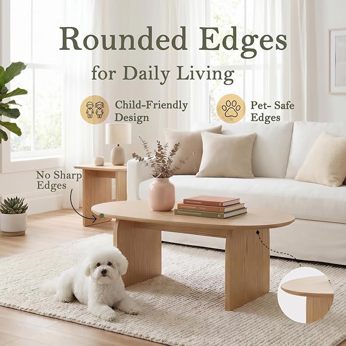 Honyee Oval Coffee Table, 47.2" Wood Coffee Table for Living Room, Modern Wooden Center Table with Solid Wood Veneer Legs, Sturdy Rounded Edge Design, Easy Assembly, Apartment Friendly, Natural