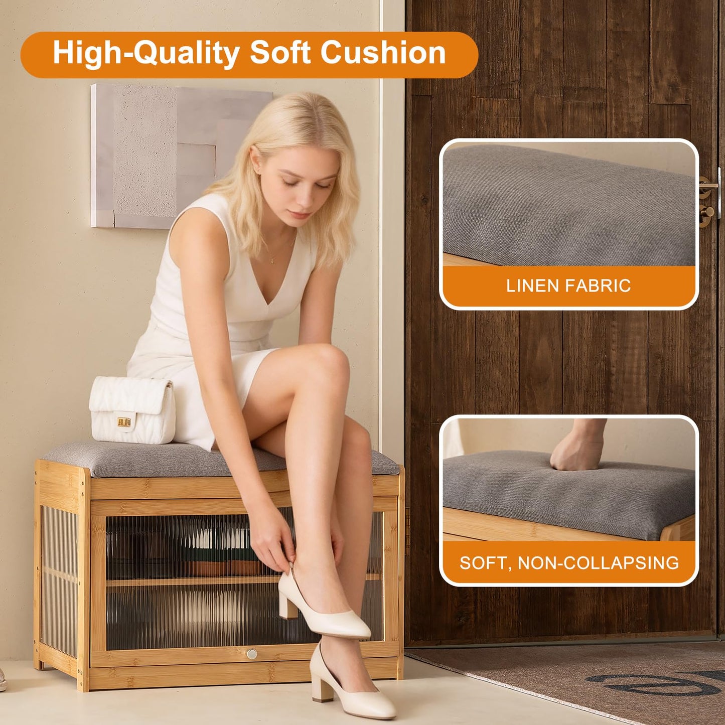 ZHUMUJIAJU Bamboo Shoe Storage Bench with Seat Cushion for Entryway, 27" Farmhouse Small Shoe Rack with Hidden Flip-Top Storage & Dustproof Acrylic Door, 2-Tier Narrow Shoe Cabinet Organizer, Natural