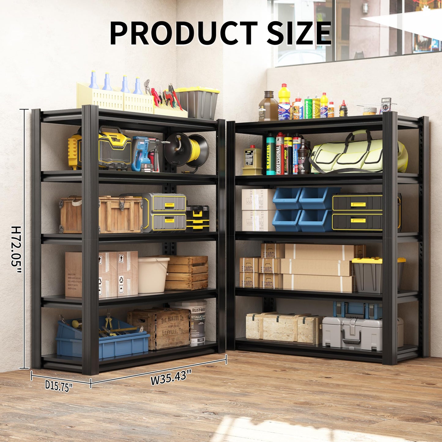 EKJ 72" H Garage Shelving 2500 LBS Heavy Duty Storage Shelves, Adjustable 5 Tier Metal Shelving Unit, Metal Racks for Storage, Utility Shelves for Workshop, Basement, Home Office 72" H*35.4"W*15.7"D