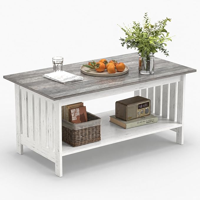 YOSHOOT 39.4" Farmhouse Coffee Table, Small Coffee Tables for Living Room | Grey, 2 Tier Coffee Table with Storage, Tea Table for Living Room Bedroom Small Space