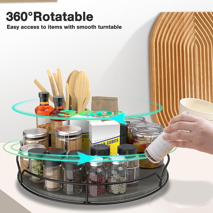 Lazy Susan Turntable Organizer with Anti-Slip Mat for Cabinet Pantry Kitchen Countertop Refrigerator Office, Pine Wood, 12", Grey…