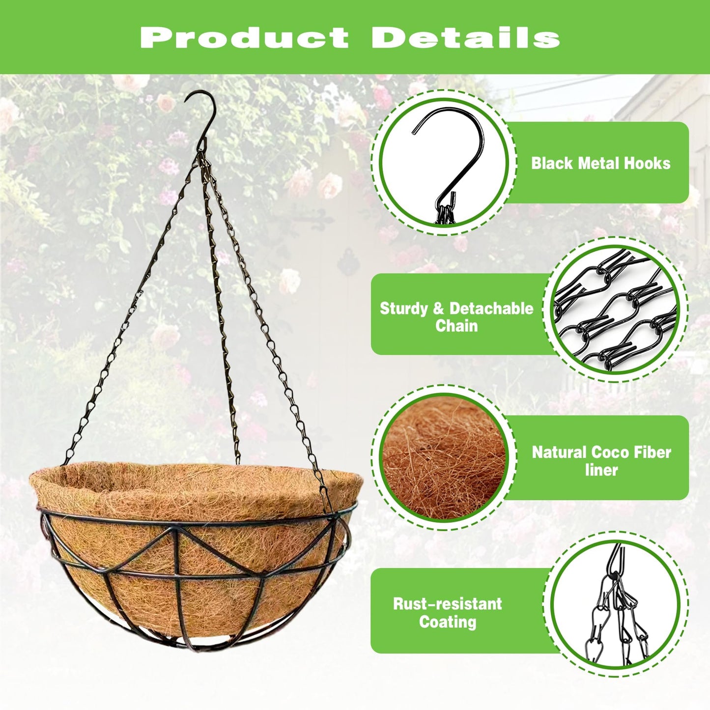 ZVOWOS 2 Pack 12 Inch Black Metal Hanging Basket Hanging Planter with Coco Coir Liner Heavy Duty Hanging Flower Pot Holder for Indoor Outdoor Patio Garden Porch Balcony Decor (Geometric)