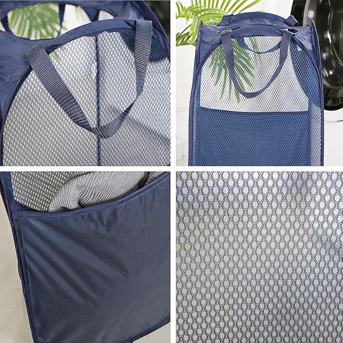 2 pop-up foldable mesh laundry baskets (each with 2 reinforced handles), black + blue…
