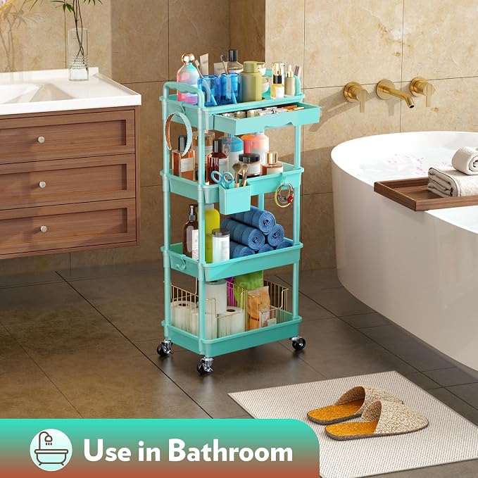 SUNALLY Makeup Cart Organizer with Drawers, 4 Tier Floor Skincare Organizers for Vanity, Rolling Makeup Bathroom Storage Cart Cosmetics Display Cases for Skin Care Perfume Nail Polish, Blue