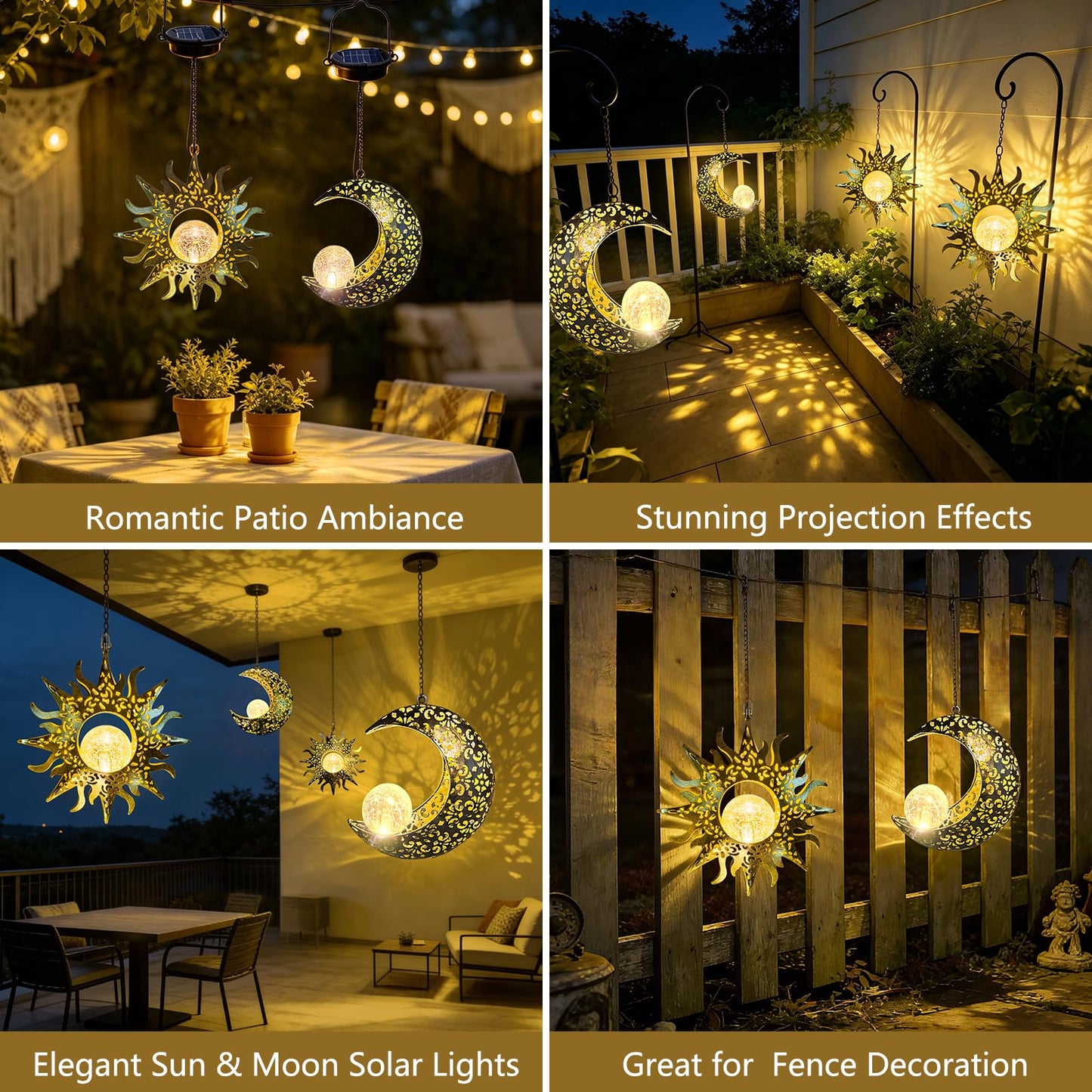 Amugmilk Solar Hanging Lights for Outside Garden,Outdoor Metal Lanterns Sun Moon Lamp, Large Decorations for Yard Garden Patio Proch Tree Wall, Christmas Gifts for Women Mom