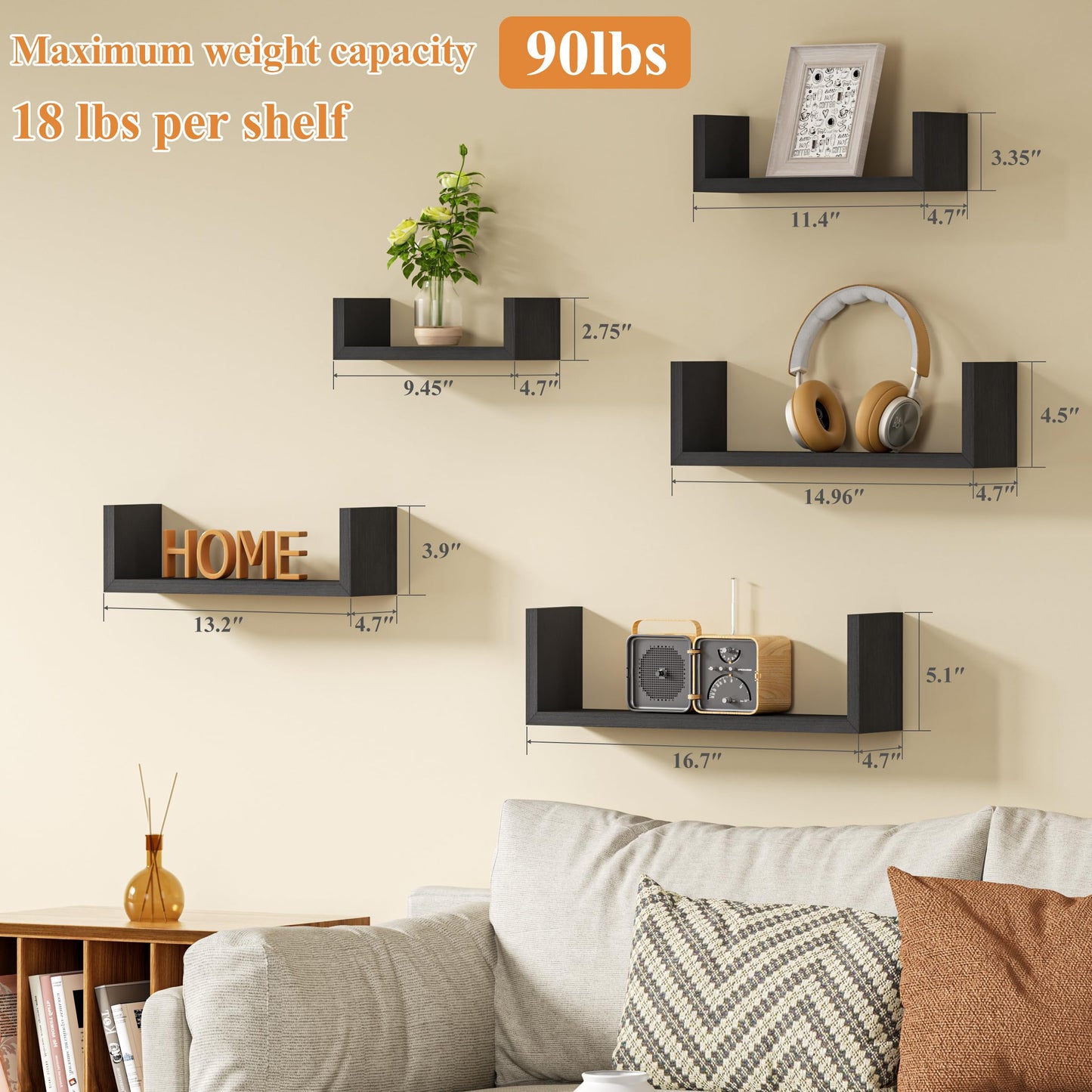 SRIWATANA Floating Shelves for Wall, Wall Shelves for Bathroom, Bedroom, Living Room, Kitchen, Office, Wood Shelves for Home Decor Set of 5 (Weathered Black)