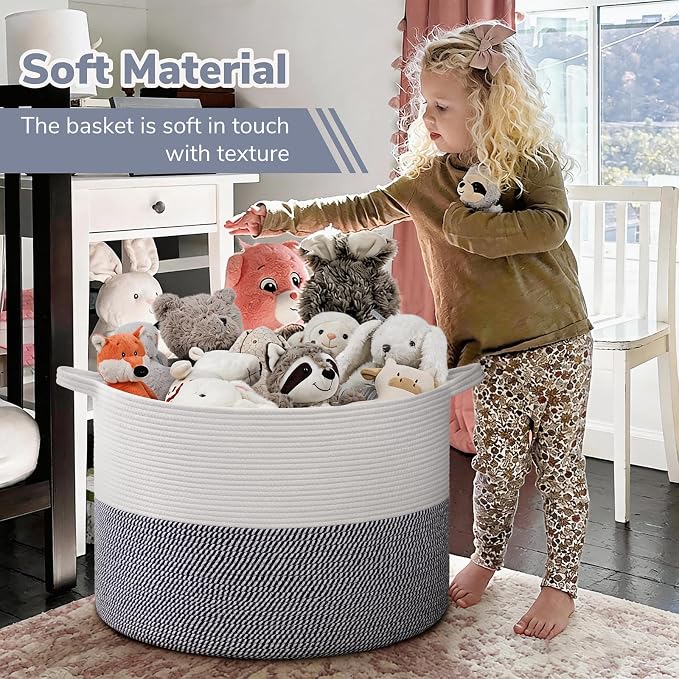 INDRESSME 115L Extra Large Cotton Rope Basket, Blanket Basket for Home Decor Living Room Nursery, Toy Storage Baskets for Kids Boys Girls, White & Navy