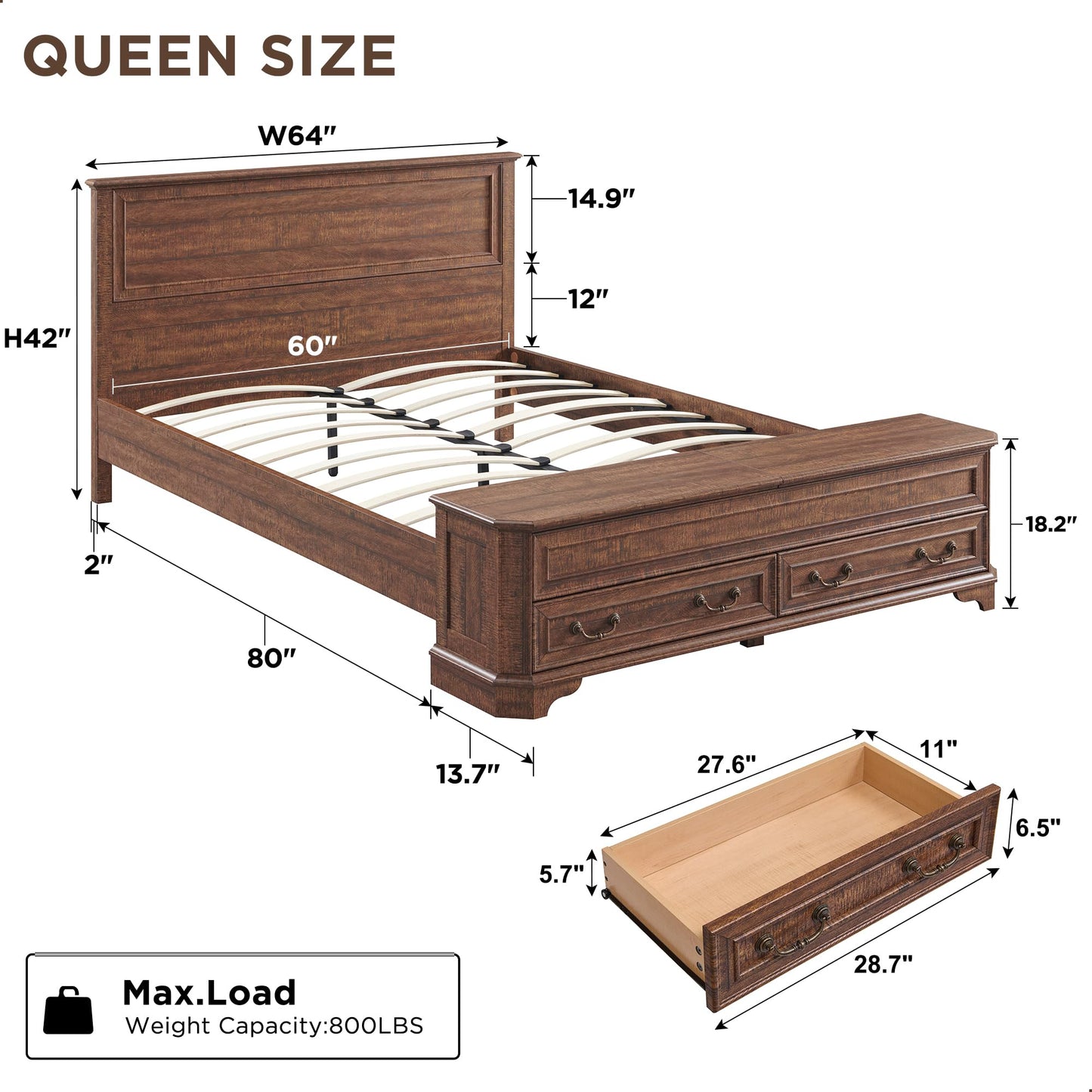 T4TREAM Farmhouse Queen Bed with Headboard and Storage Bench, Rustic Wood Platform Bed with 64" Storage Chest w/ 4 Large Drawer, Dark Brown