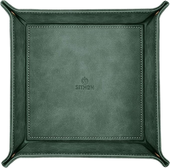 SITHON Valet Tray Desktop Storage Organizer – Premium PU Leather Catchall Bedside Vanity Tray Nightstand Caddy Holder for Keys, Phone, Wallet, Coin, Valentine's Day Gift, Dark Green