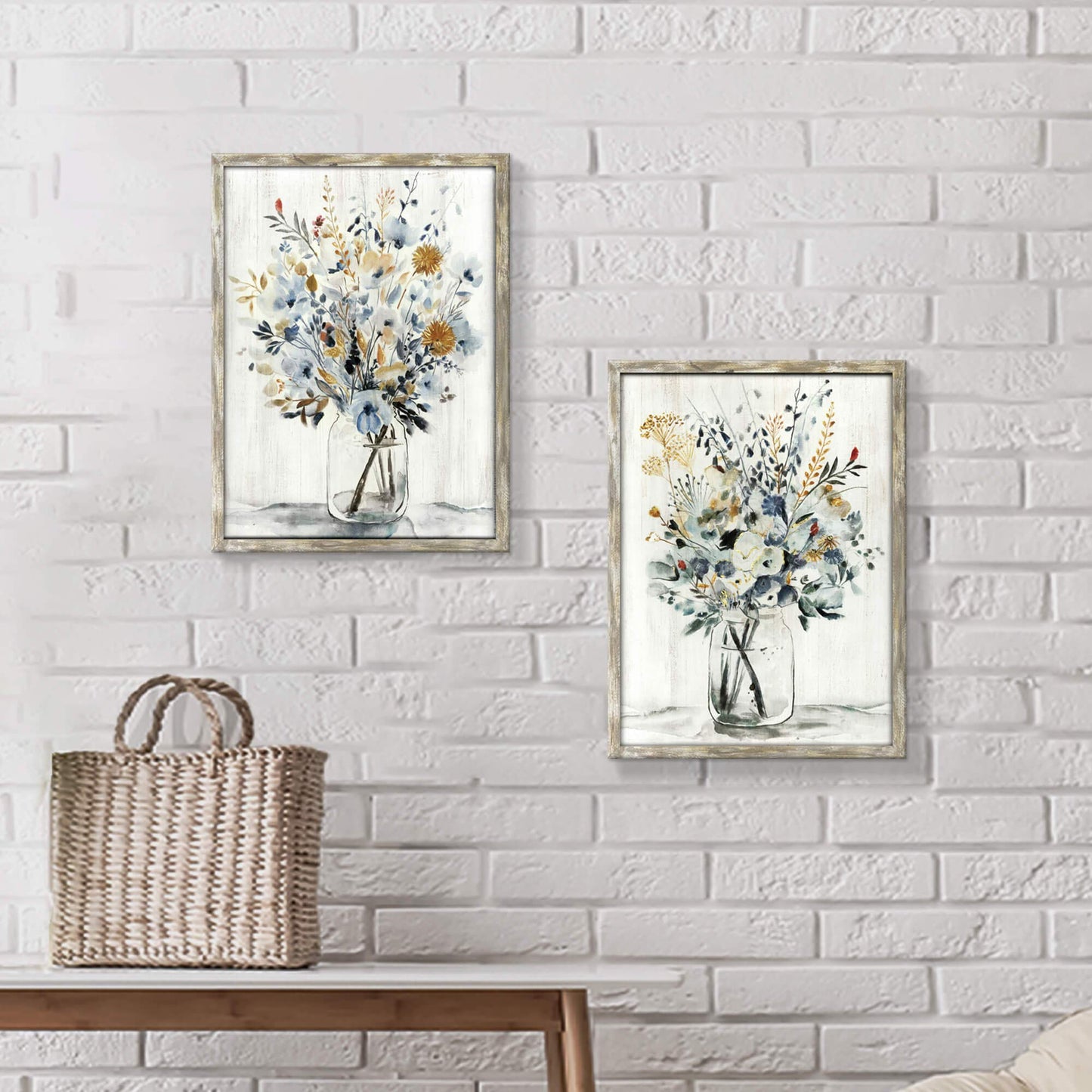 Floral Picture Wall Art Painting: Blossom Bouquet Flowers Prints on Rustic Wood and Handcrafted Wooden Framed Artwork for Home and Bedroom (12” x 16” x 2pcs)