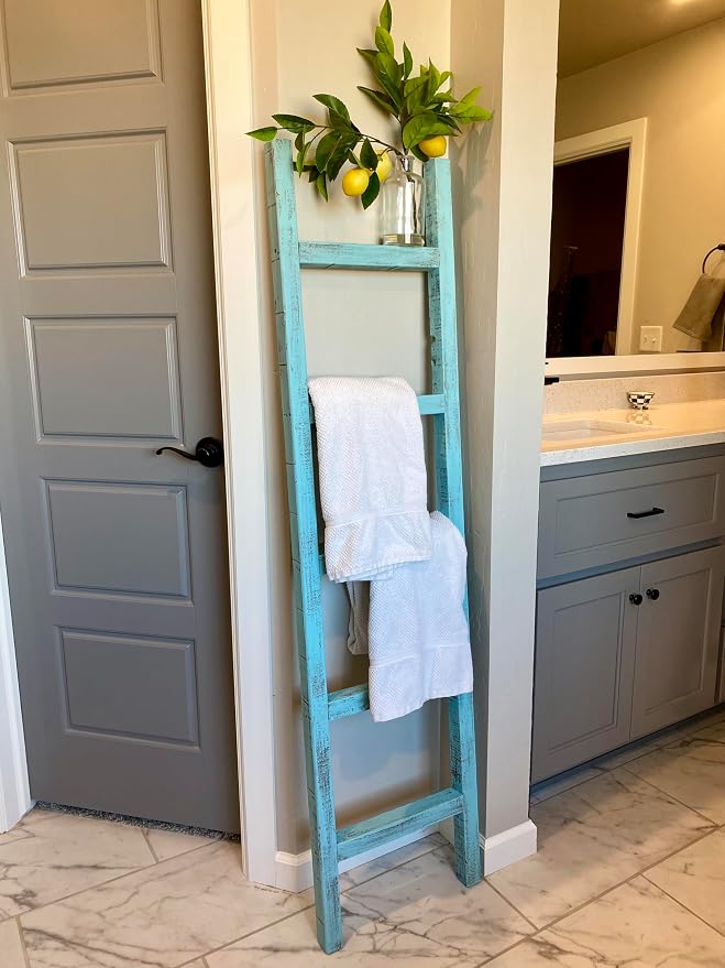 BarnwoodUSA Rustic Farmhouse Decorative Ladder - Our 5 ft Ladder can be Mounted Horizontally or Vertically and is Crafted from Upcycled Wood | No Assembly Required | Blue