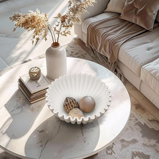 YMXYJM Large Decorative Bowl, Modern Handicraft Bowls for Home Decor, Decorative Fruit Bowl for Kitchen Counter, Ruffle Bowl Decor, Stylish Key Bowl for Entry Table, White