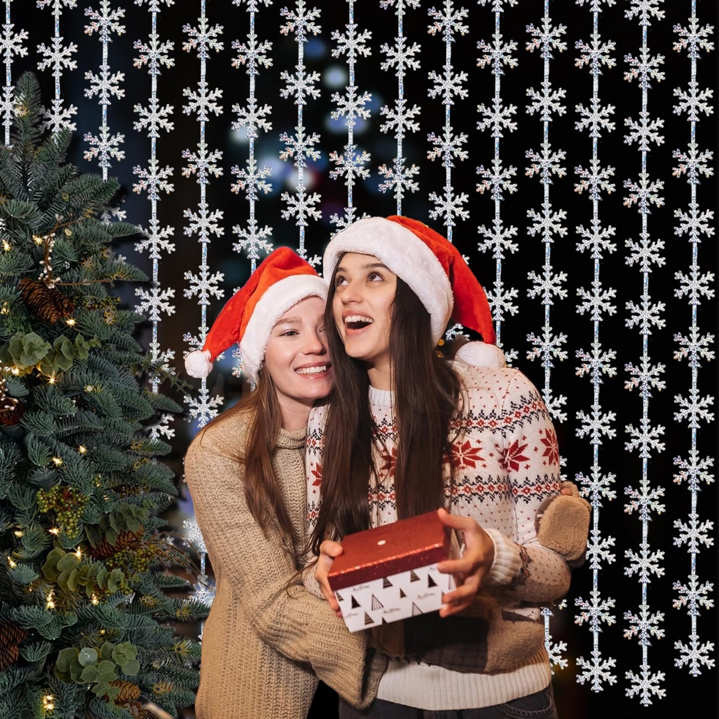 Winter Wonderland Party Snowflake Decorations, 3.3x6.6ft Iridescent Silver Snowflake Tinsel Foil Fringe Curtains Backdrops Photo Props for Xmas Winter Frozen Birthday Party Supplies, 2 Pack
