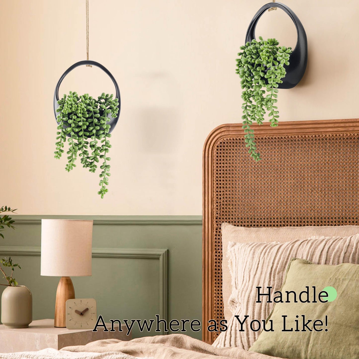 Der Rose 2 Pack Small Fake Hanging Plants with Strings Artificial Succulent Plants Indoor for Black Bathroom Boho Wall Decor