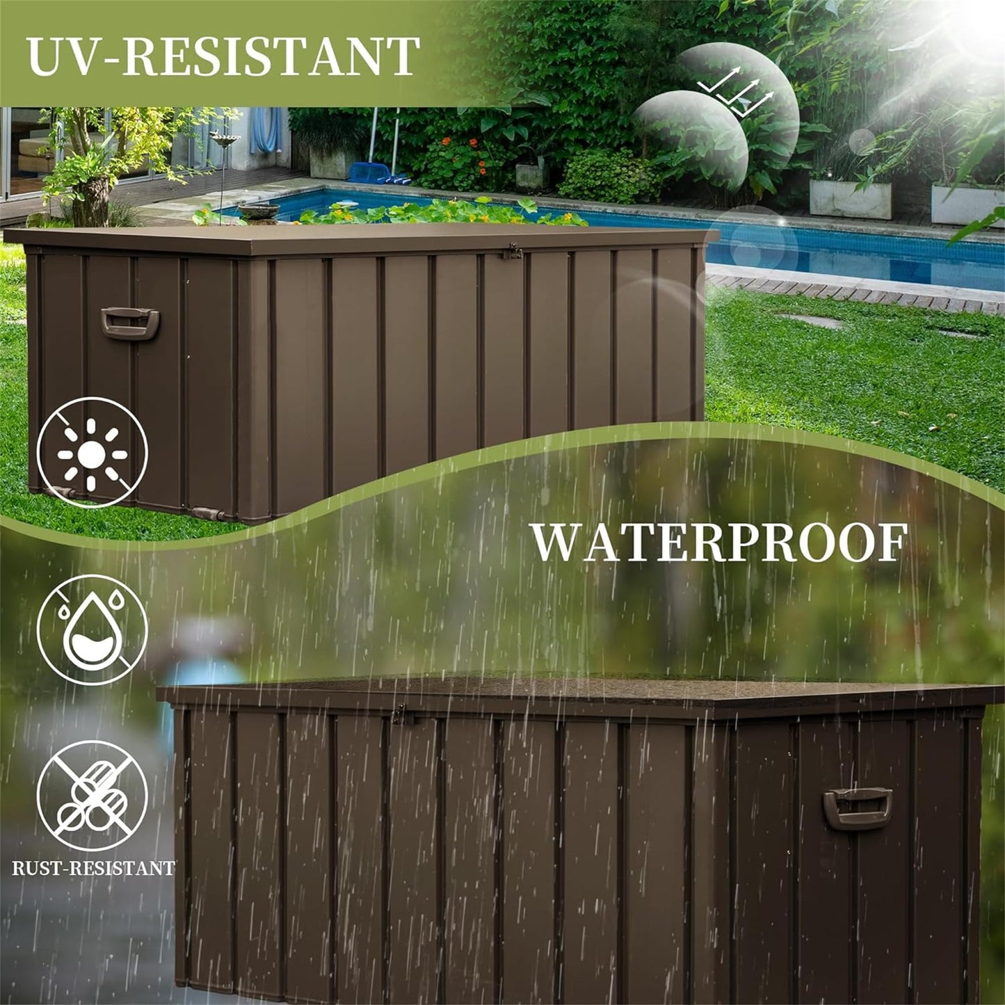 LANTRO JS 160 Gallon Metal Deck Box, Outdoor Storage Box Waterproof with Wheels, Lockable Storage Container for Patio Furniture Cushions Garden Tools, Dark Brown