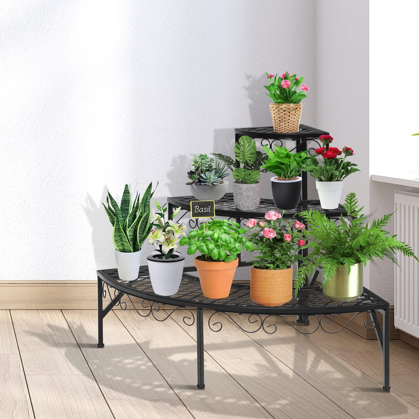 Giantex 3 Tier Metal Corner Plant Stand, Quarter Round Plant Corner Shelf w/ Non-Slip Pads, Corner Plant Stand Corner Shelf Flower Pot Ladder Plant Display Rack Indoor Outdoor (Quarter Round)