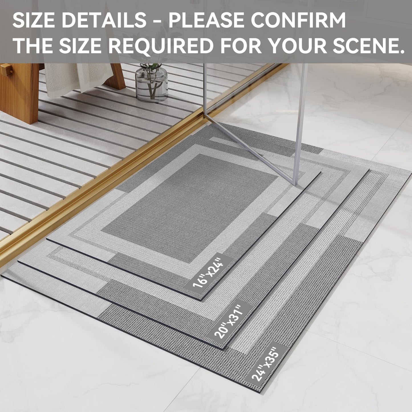 YDKGL Non Slip Bath Mat, Rubber Backing Ultra Thin Bathroom Rugs Fit Under Door Quick Dry Super Absorbent Washable Bath Rug Shower Mat for Bathroom Floor Bathtub Shower Sink, Easy Care Gray 16"x 24"