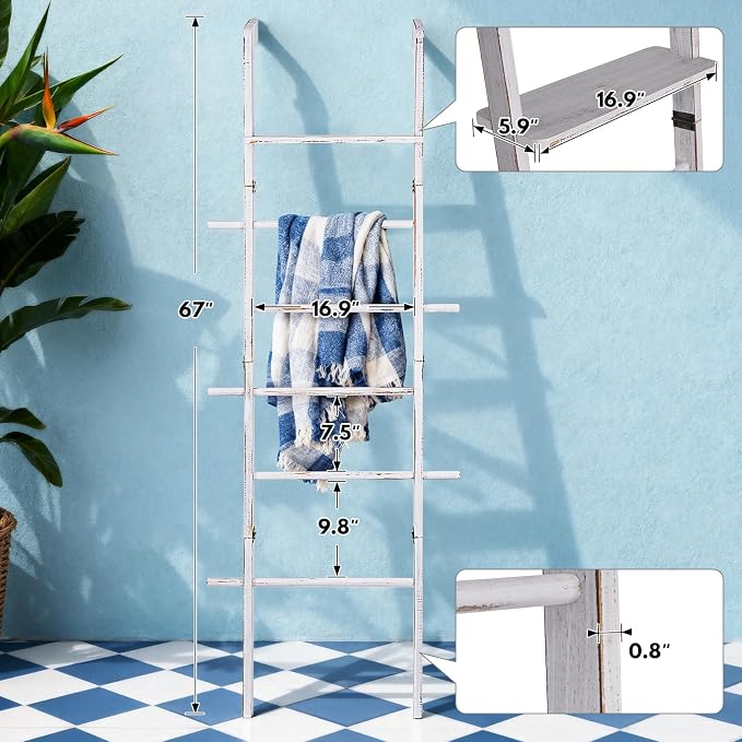 67" Wooden Blanket Ladder with Shelf and Hooks, 6-Tier Blanket Ladder for Living Room, Wall-Leaning Towel Ladder and Quilt Rack Storage, Farmhouse Decor Ladder for Display (Vintage White)