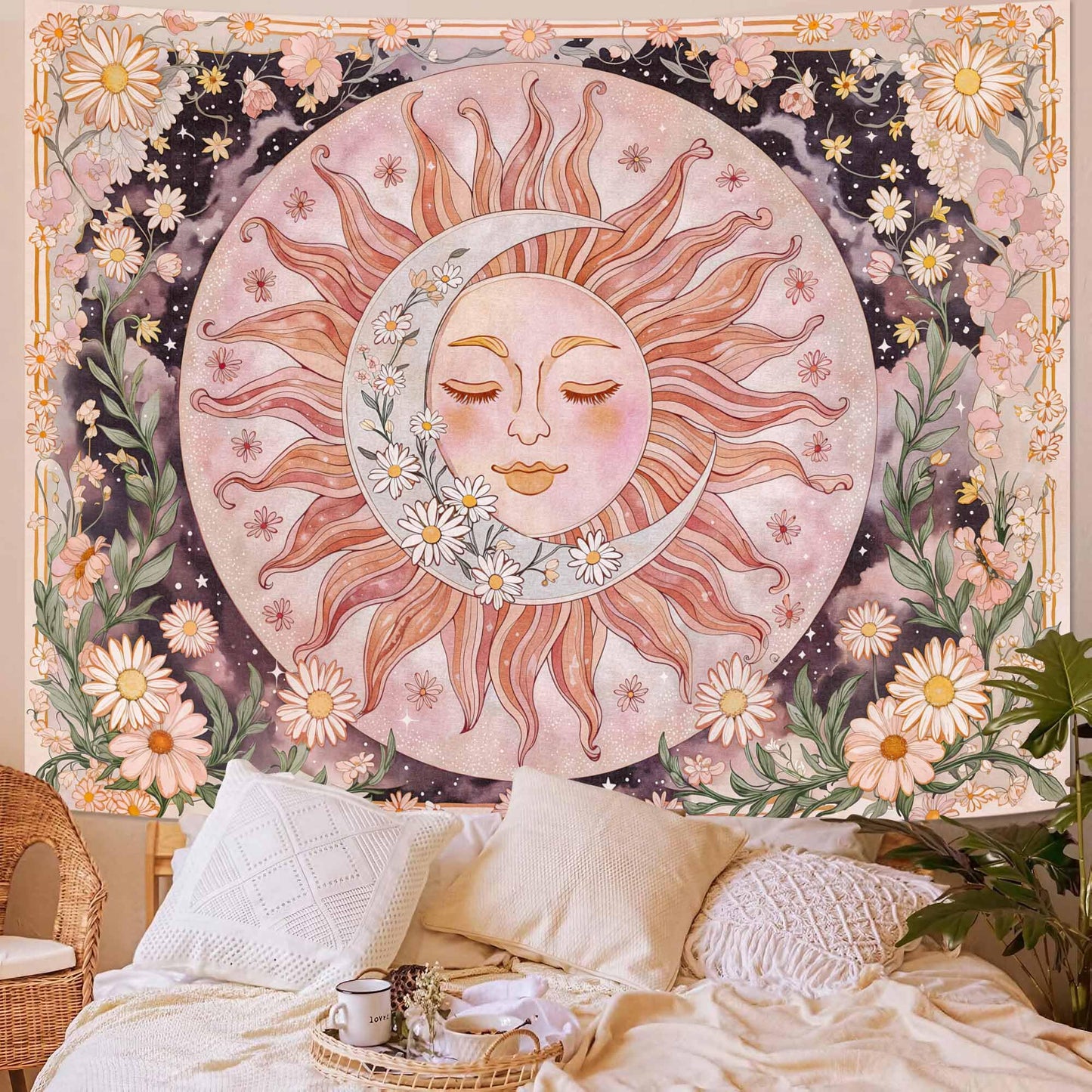 Neasow Sun Moon Daisy Tapestry, Boho Aesthetic Floral Wall Art, Pink Hippie Decor for Living Room Bedroom Home, 36x48 inches