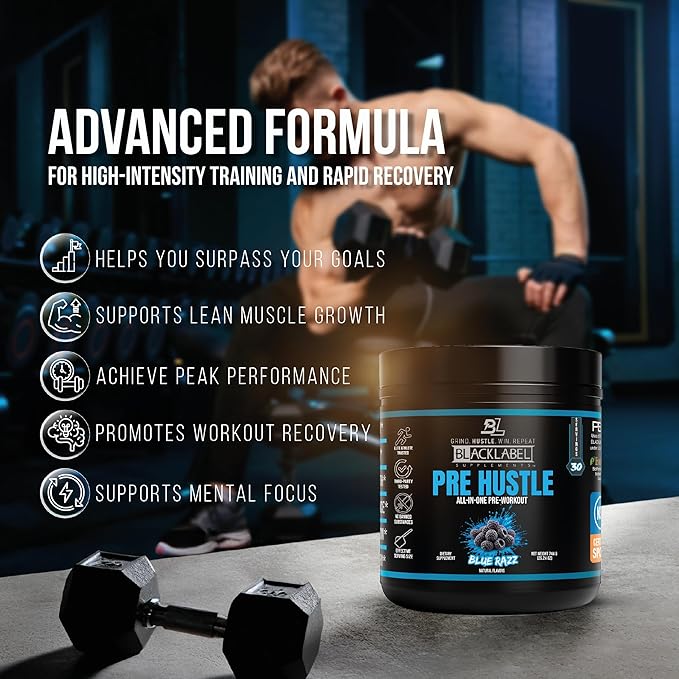 BLACKLABEL Supplements PRE Hustle V3 Pre-Workout Powder ??NSF Certified for Sport ??Energy, Strength & Endurance Support ??Blue Razz ??with Creatine & Caffeine ??30 Servings