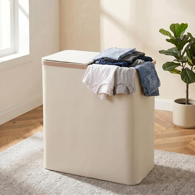 DOKEHOM 160L Extra Large Laundry Hamper with Lid, 2-Section Double Laundry Basket with Removable Mesh Liner Bags, Collapsible Clothes Sorter for Family, Bedroom, Laundry Room, Beige