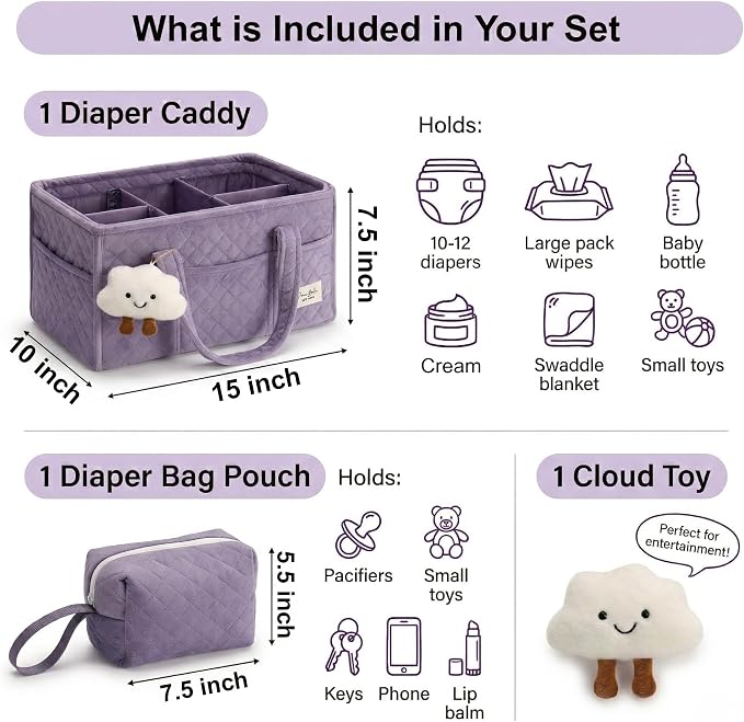 PeraBella Baby Diaper Caddy Organizer, Baby Basket Shower Gift, Portable Changing Table Basket, Postpartum Caddy & Tote Bag Pouch, Newborn Boy & Girl Nursery Essentials Registry, Car Diaper Organizer