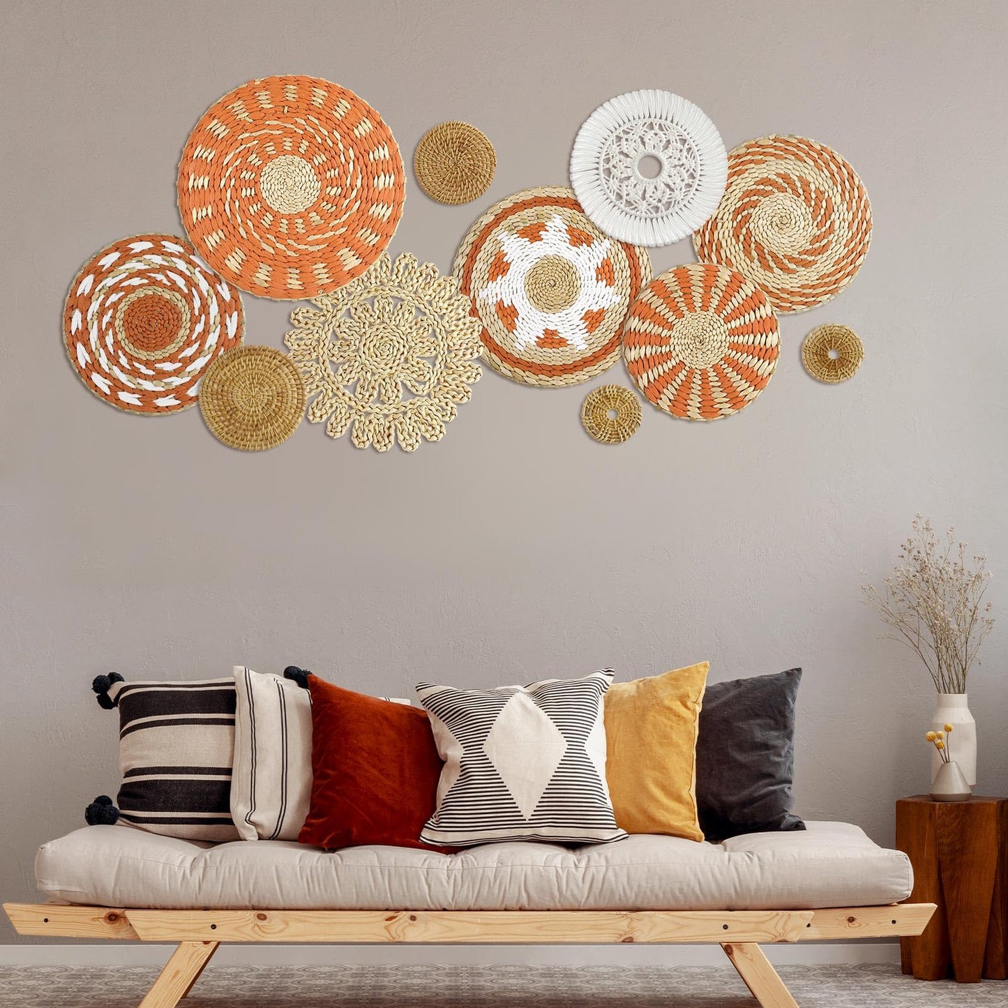Tatuo 11 Pcs Boho Wall Basket Decor Bulrush Woven Wall Hanging Art Round Farmhouse Rustic Handmade Wicker for Summer Home, Bedroom, Living Room, Kitchen Decorations, Multi Sizes(Delicate)