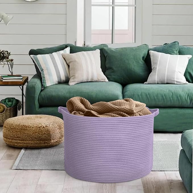 MEGASKET Purple Rope Storage Basket, 22" X 14" Large Woven Baskets, Jumbo Floor Bin for Throw Blankets Pillows, Baby Laundry Basket, Dirty Clothes Organizer, Big Storage Bin for Toys, Towels