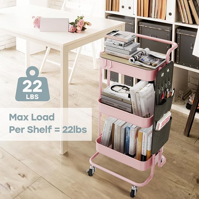 DTK 3-Tier Metal Utility Rolling Cart with Table Top and Side Bags, Art Craft Cart with 4 Hooks for Kitchen, Bathroom, Office, Living Room (Pink)