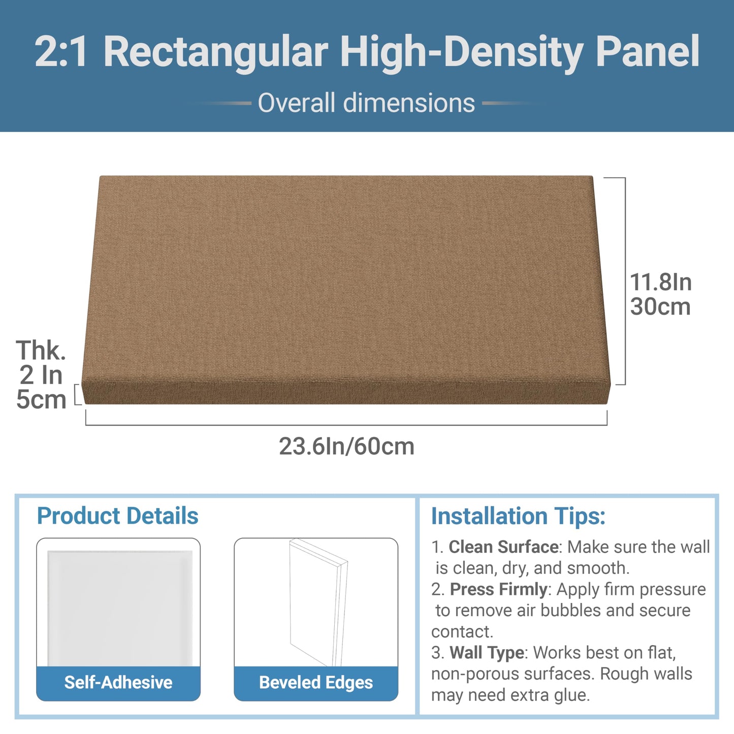 4 Pack High-Density Core with Fabric Cover Acoustic Panels – 24×12×2 In Self-Adhesive Soundproofing and Sound-Absorbing Wall Panels for Echo Reduction in Studio, Theater, or Recording (Mocha Brown)