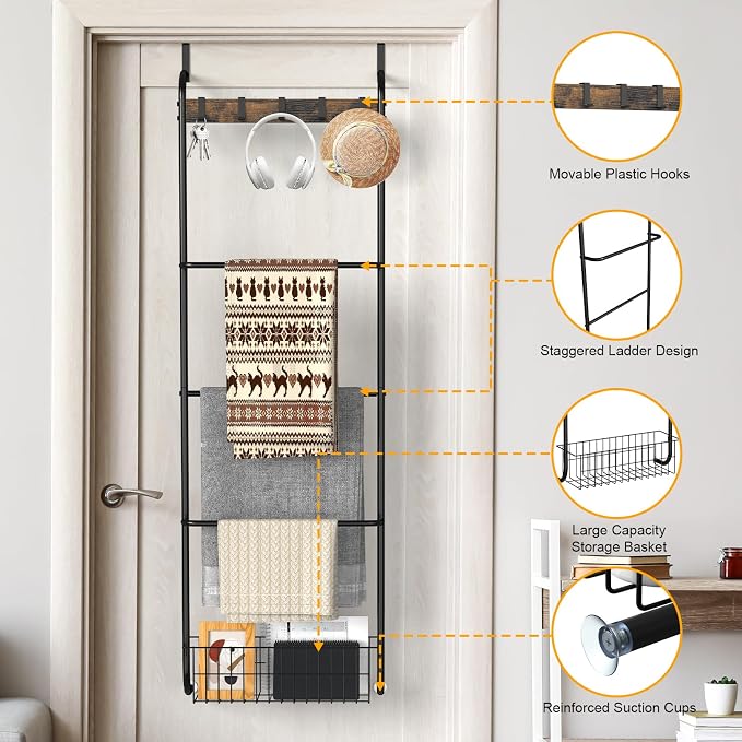 Over The Door Towel Rack,5-Tier Over Door Towel Racks for Bathroom,Towel Rack with Hooks and Basket Door Hanging,Blanket Ladder for Living Room Black