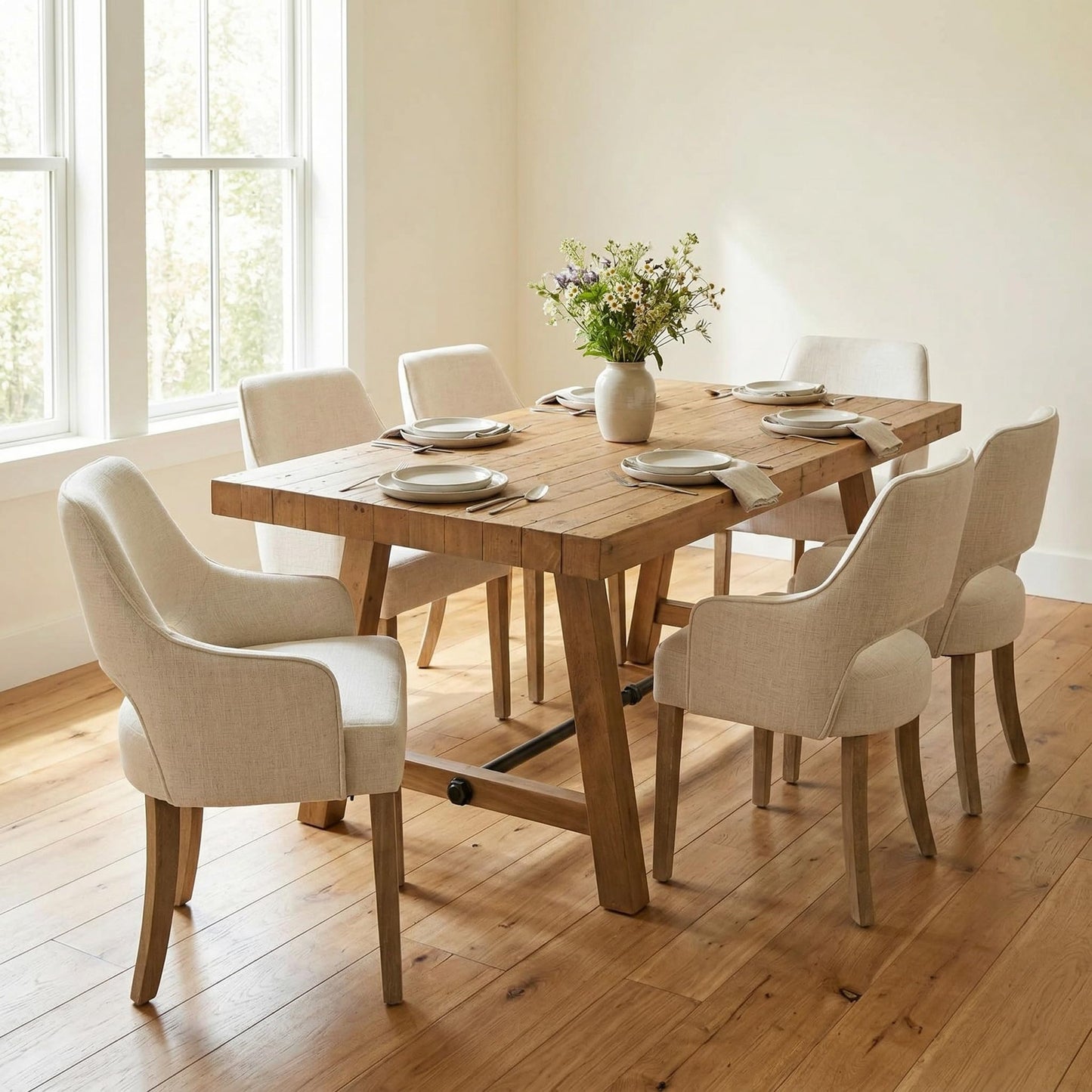 DM Furniture 7-Piece Farmhouse Wooden Dining Room Table Set for 6, 59" Reclaimed Wood Dining Table with Upholstered Chairs, Solid Wood Kitchen Table & Chair Set for Dining/Kitchen Room, Brown