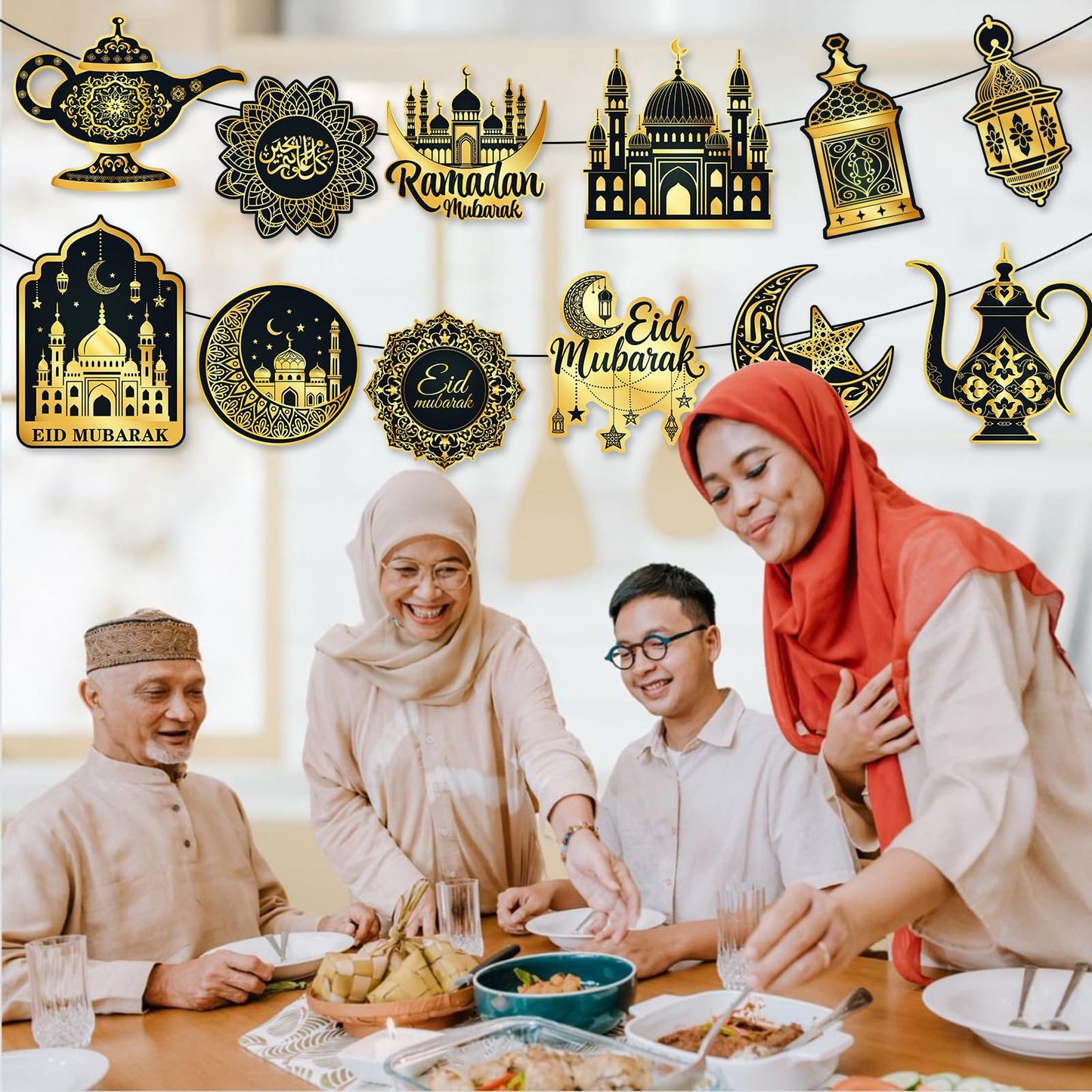 Large 11"x14" Eid Mubarak Cutouts Decorations Cardboard Cutout Set of 12, Ramadan Cutouts Wall Door Windows Decor, Muslim Islamic Mosque Castle Paper Cut Outs Decoration (Black Gold)