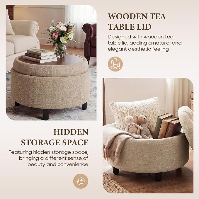 COLAMY Fabric Round Storage Ottoman with Reversible Tray Lid – Multi-Functional Footrest, Hidden Storage, Sturdy & Stylish Small Coffee Table for Living Room, Bedroom, or Entryway(Camel)