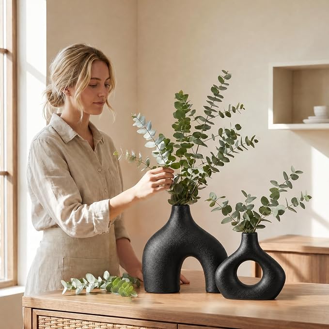 Black Ceramic Flower Vase Home Decor Set of 2, Farmhouse Table Vases Rustic Vintage Living Room Kitchen Bedroom Decorations for House Book Shelf Office Coffee Desk Dining Fireplace